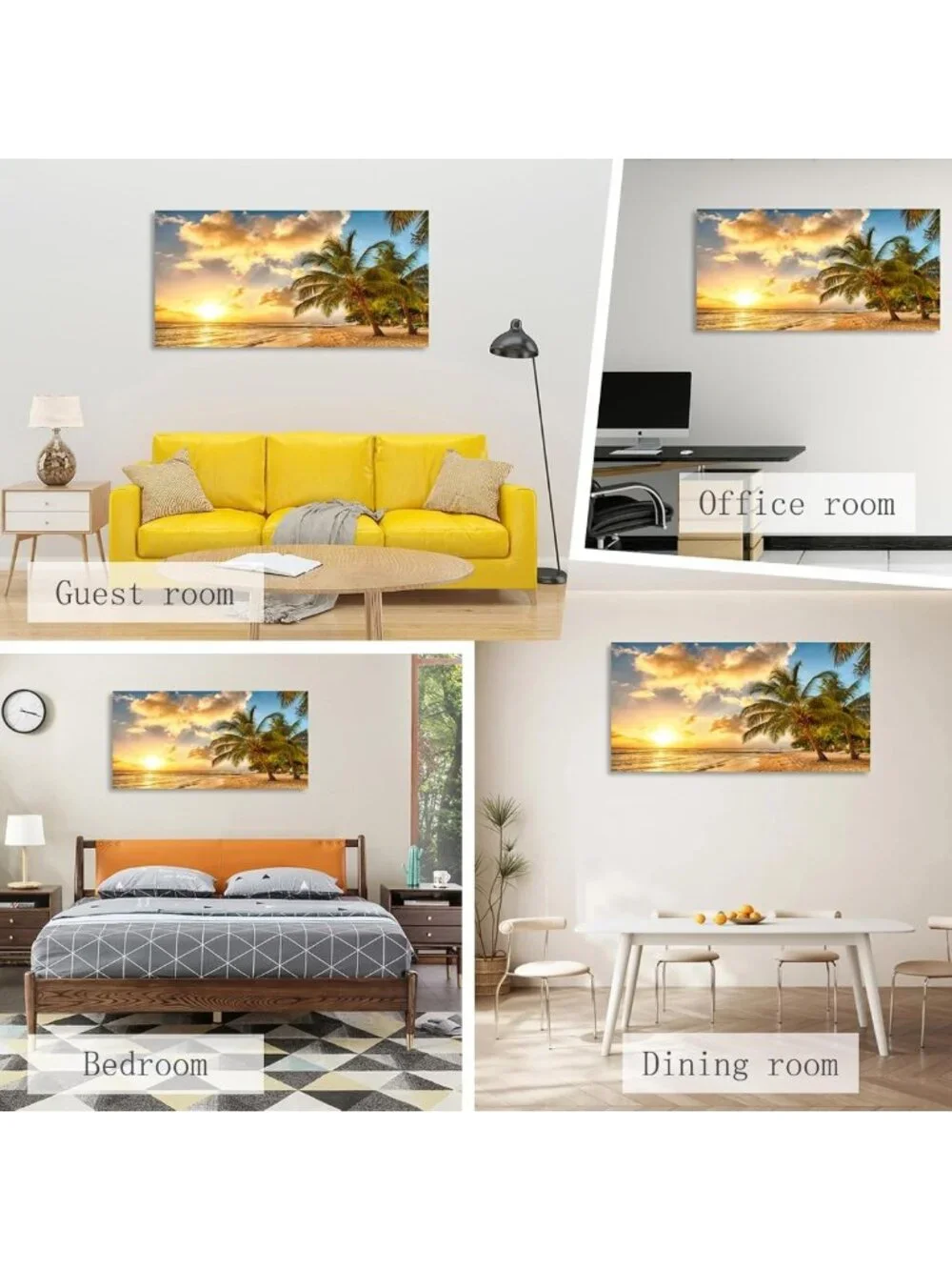Golden Ocean Beach Canvas Art - Sunset Palm Tree Landscape Print, Ready to Hang